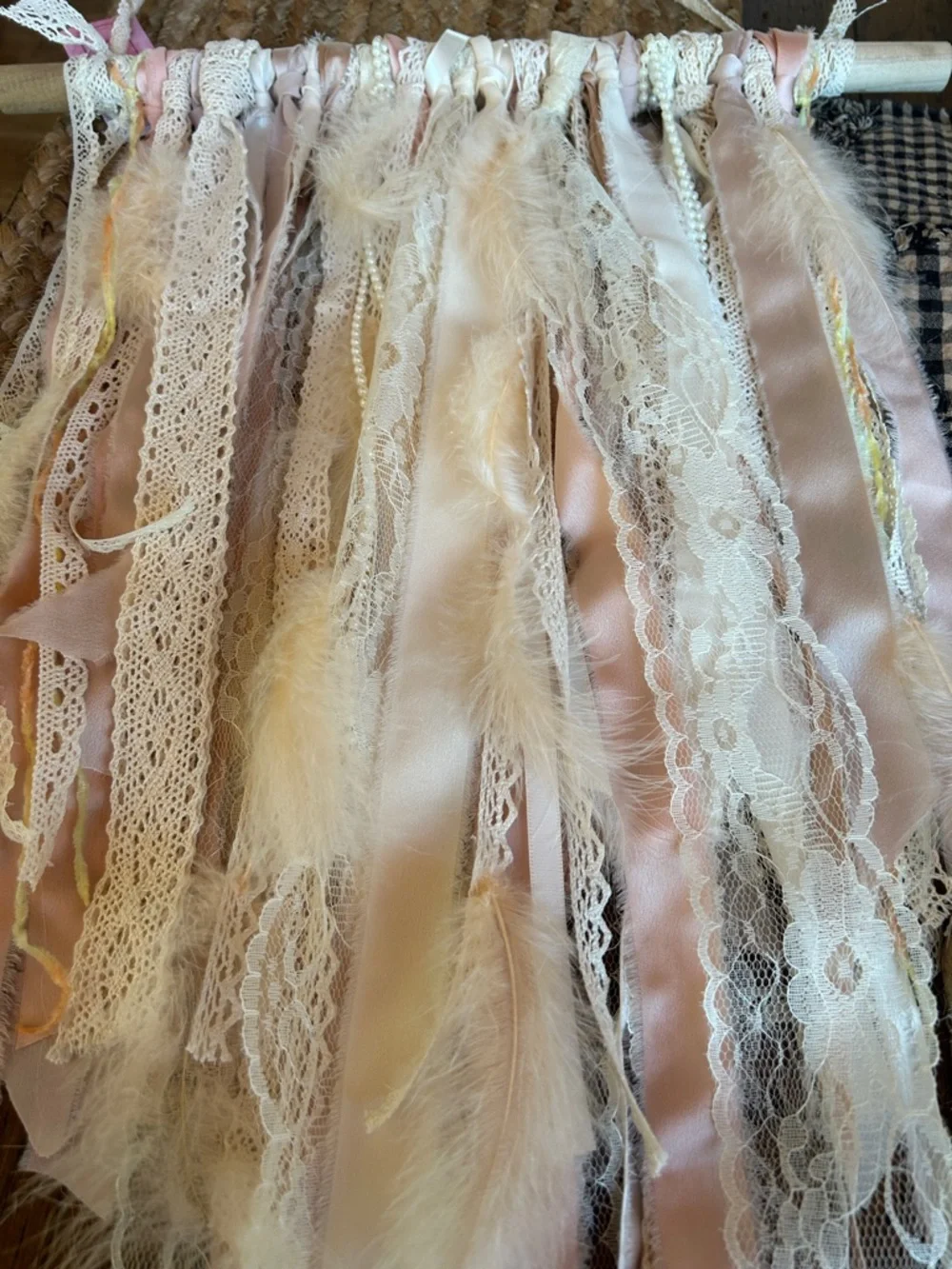 NWT Boho Wall Hanging Peach Ivory Lace Pearls Feathers Nursery Decor She Shed